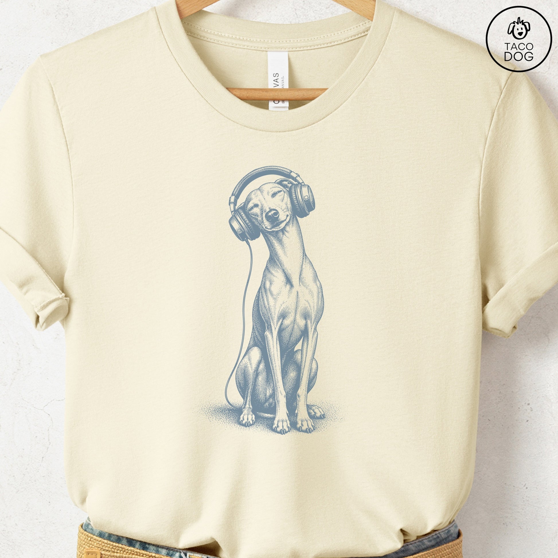 Italian Greyhound Whippet Headphones T-Shirt Natural Taco-Dog
