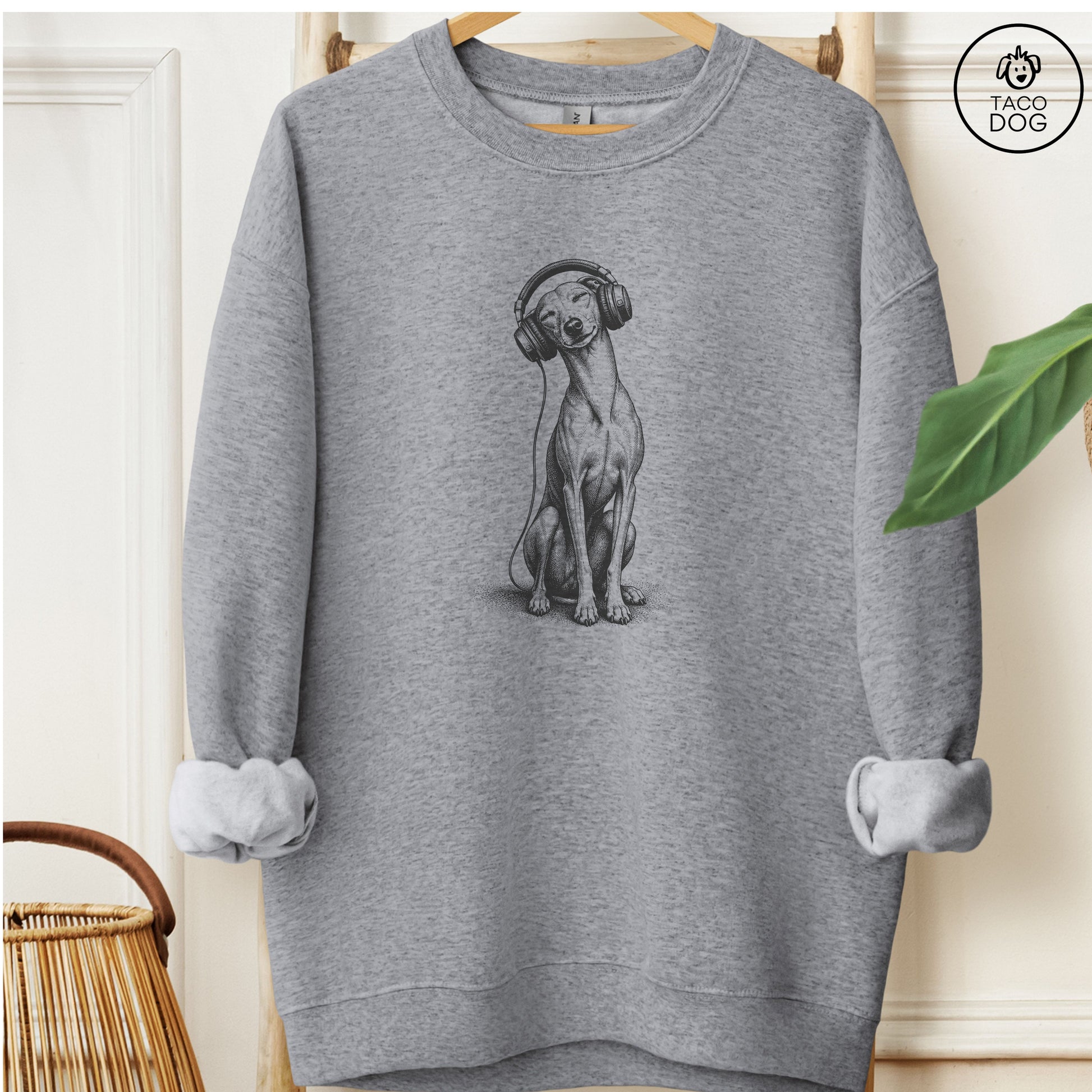 Italian Greyhound Whippet Headphones Sweatshirt Graphite Heather Taco-Dog