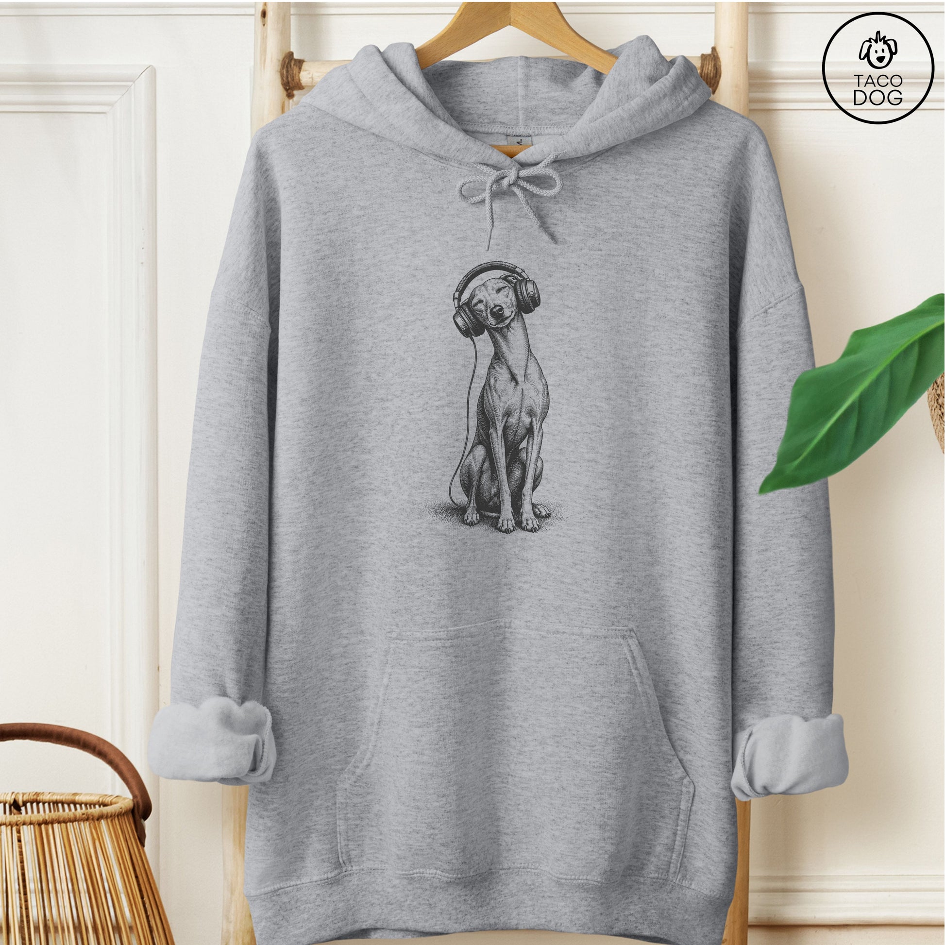 Italian Greyhound Whippet Headphones Hoodie Graphite Heather Taco-Dog