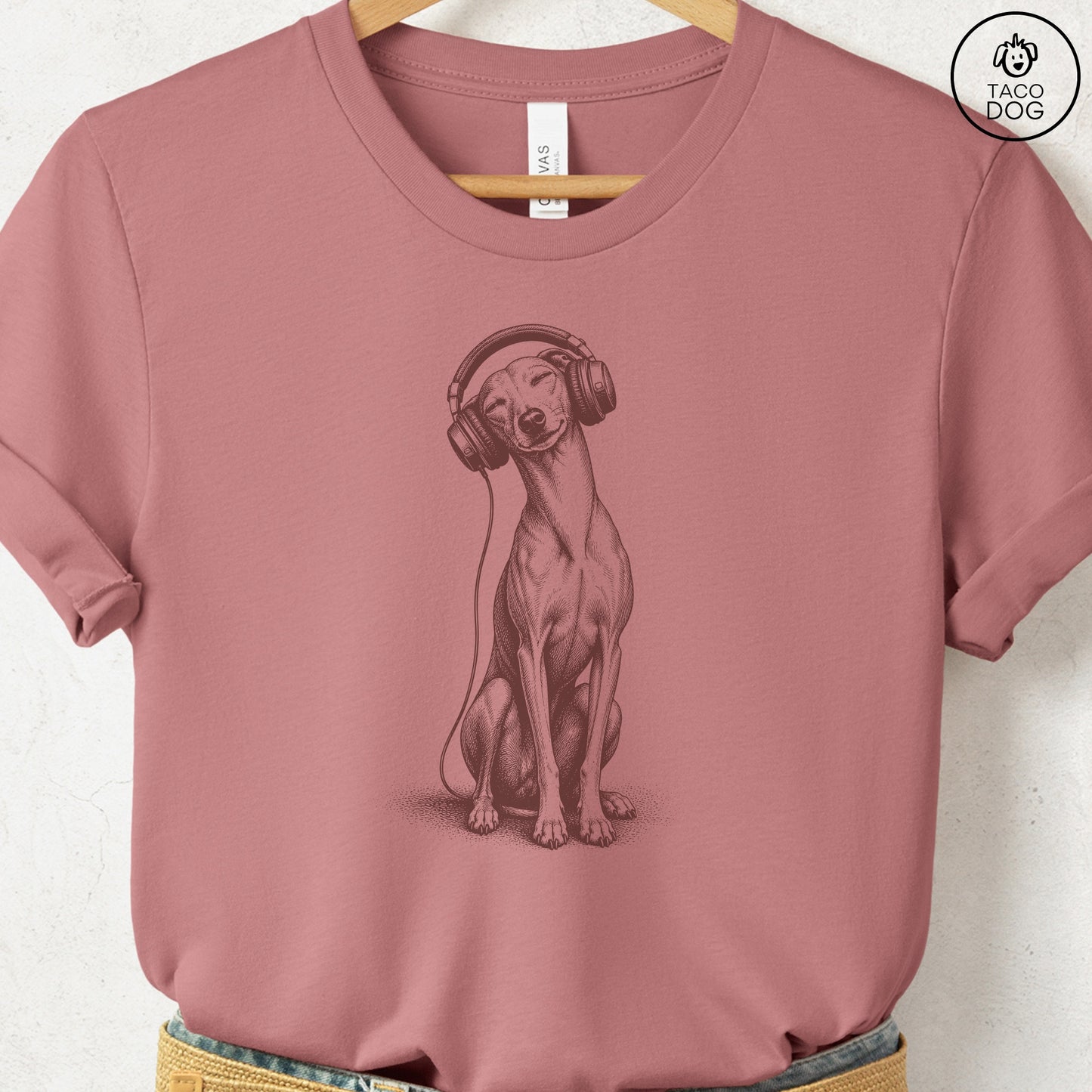 Italian Greyhound Whippet Headphones T-Shirt Heather Mauve Taco-Dog