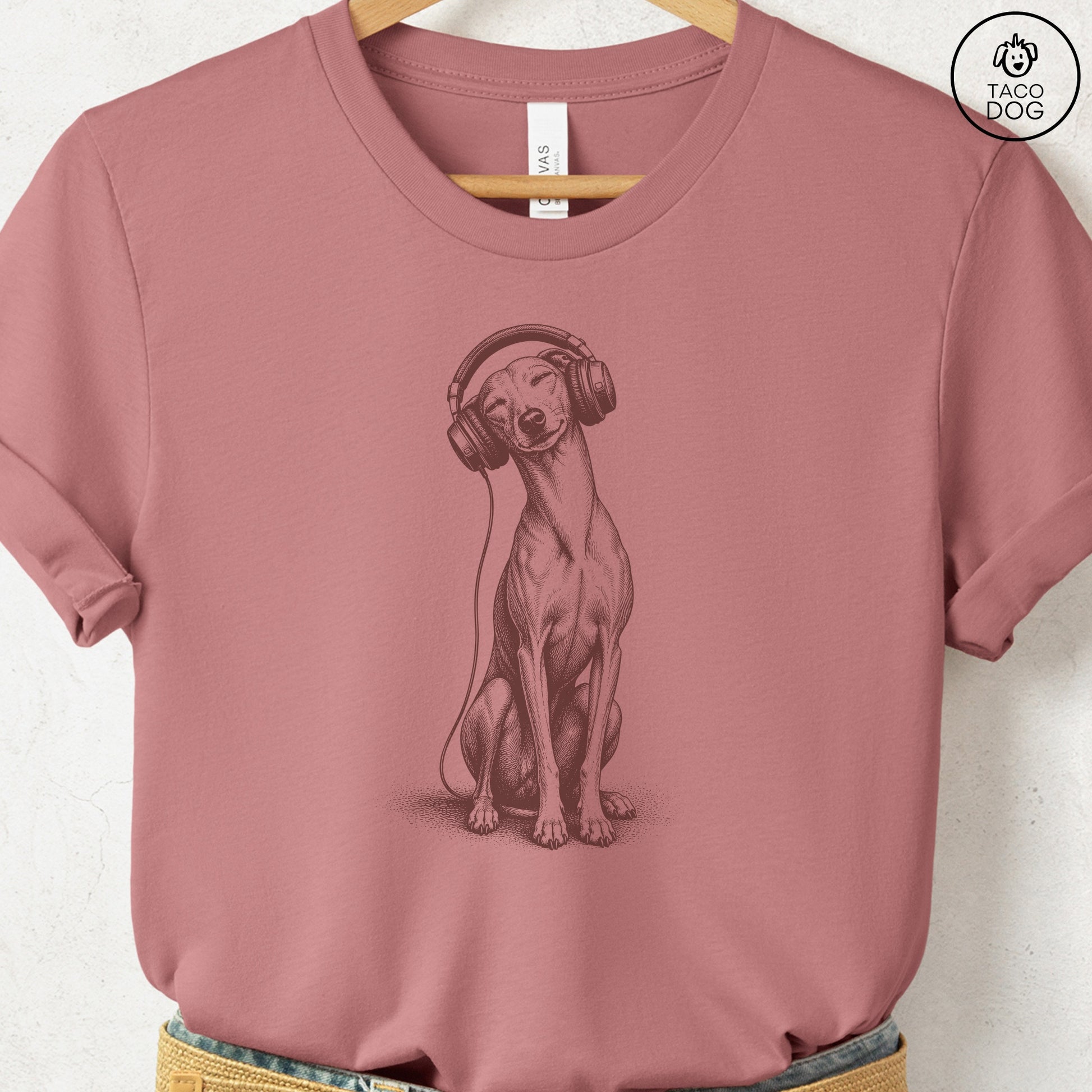 Italian Greyhound Whippet Headphones T-Shirt Heather Mauve Taco-Dog