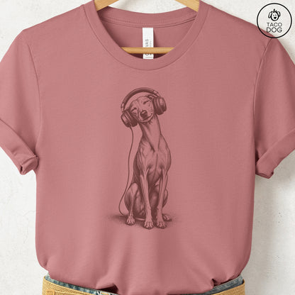 Italian Greyhound Whippet Headphones T-Shirt Heather Mauve Taco-Dog