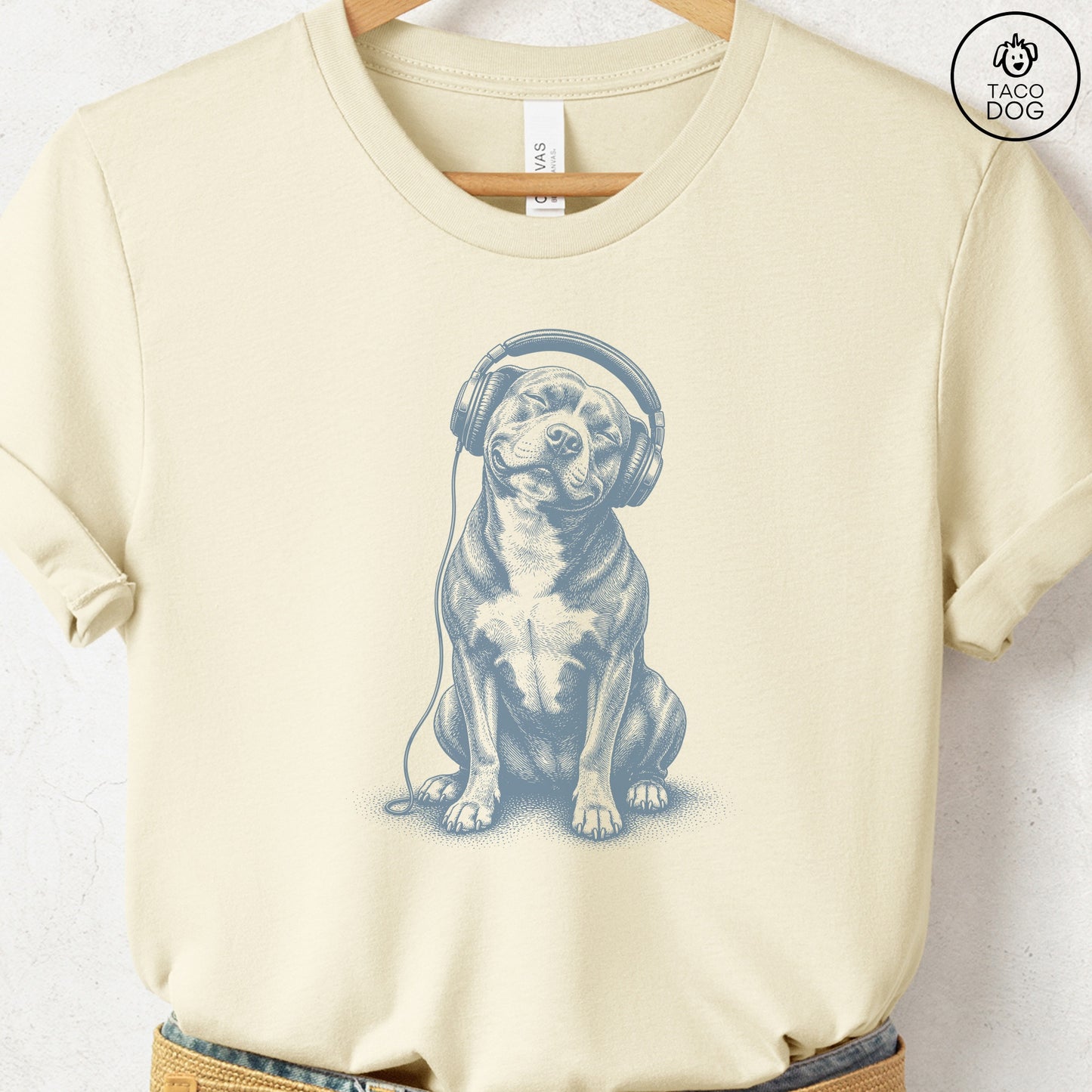 Pitbull Headphones T-Shirt Natural Taco-Dog