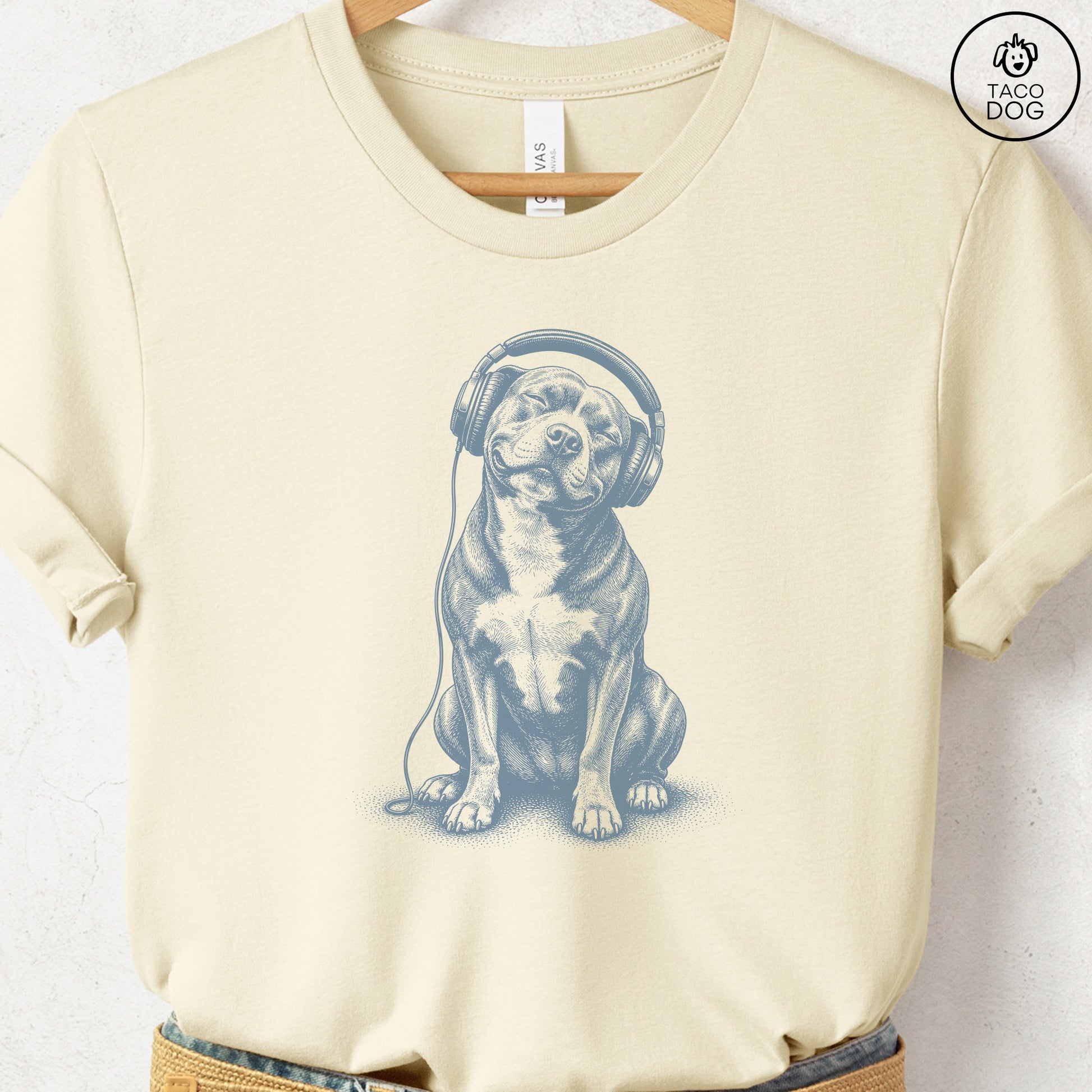 Pitbull Headphones T-Shirt Natural Taco-Dog