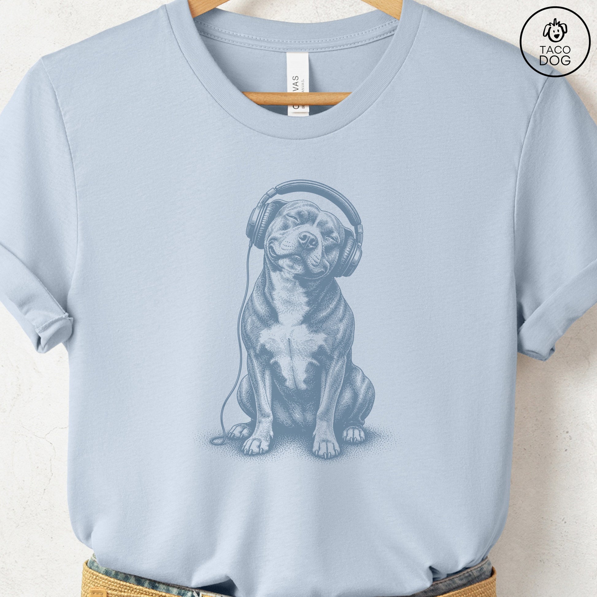 Pitbull Headphones T-Shirt Light Blue Taco-Dog