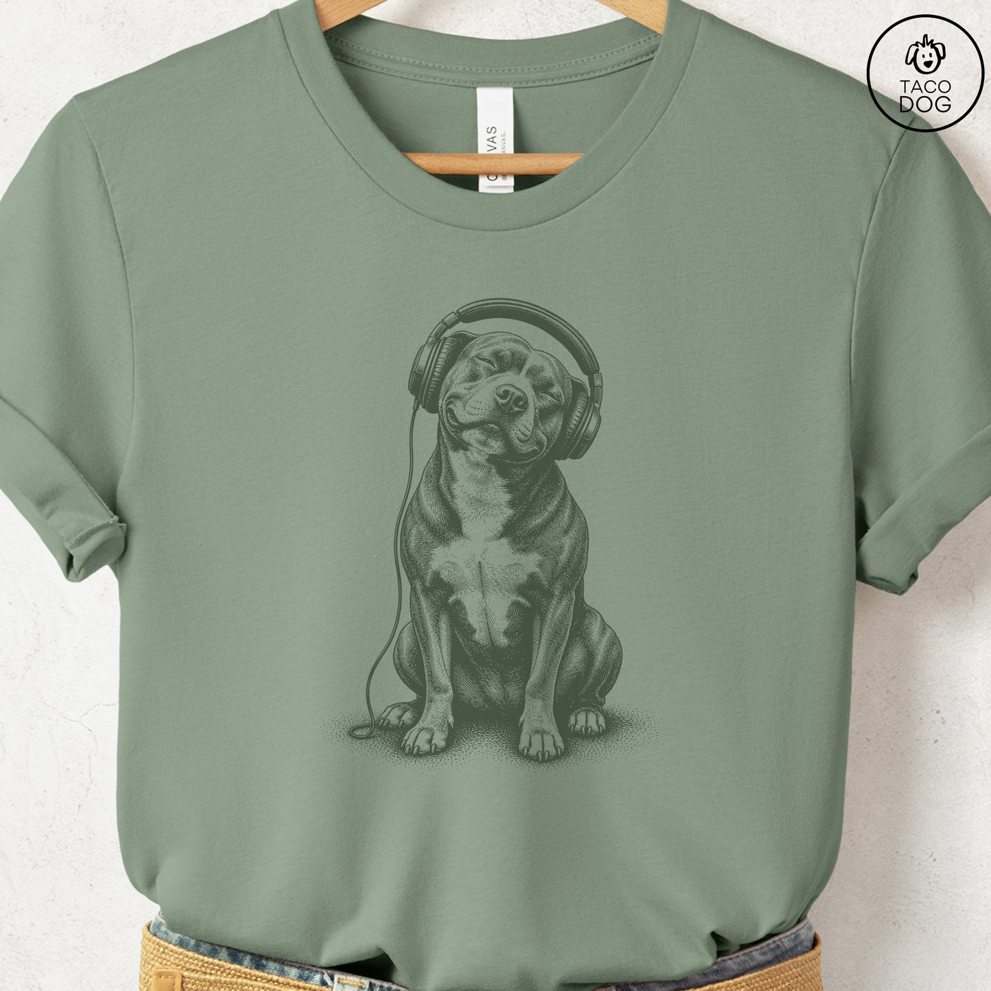 Pitbull Headphones T-Shirt Sage Taco-Dog