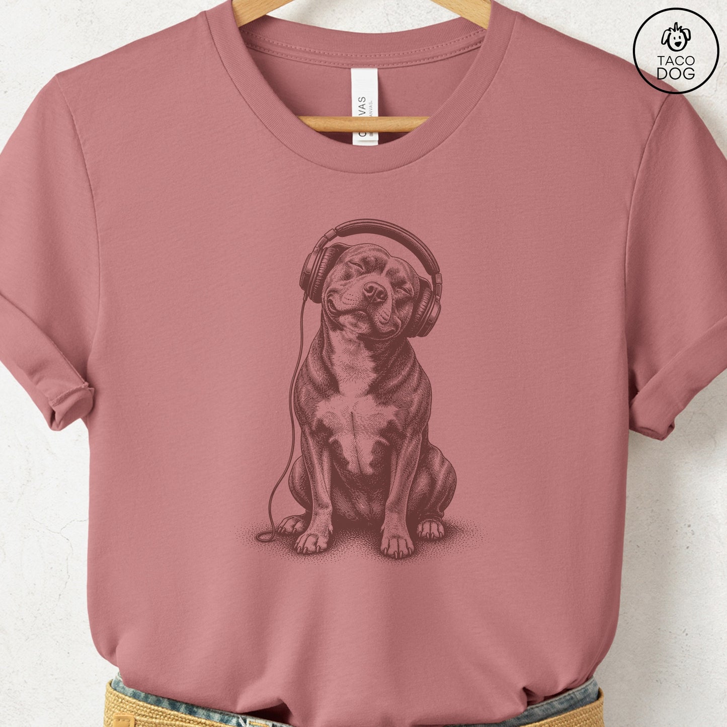 Pitbull Headphones T-Shirt Heather Mauve Taco-Dog