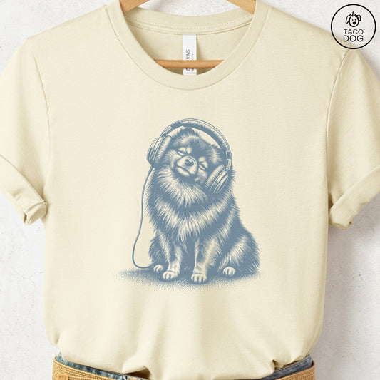 Pomeranian Headphones T-Shirt Natural Taco-Dog