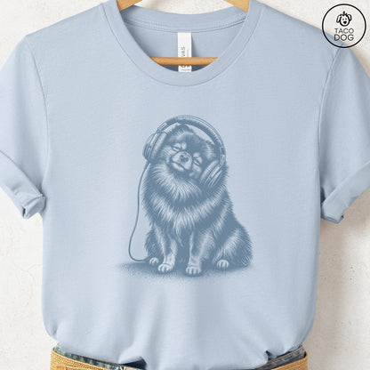 Pomeranian Headphones T-Shirt Light Blue Taco-Dog