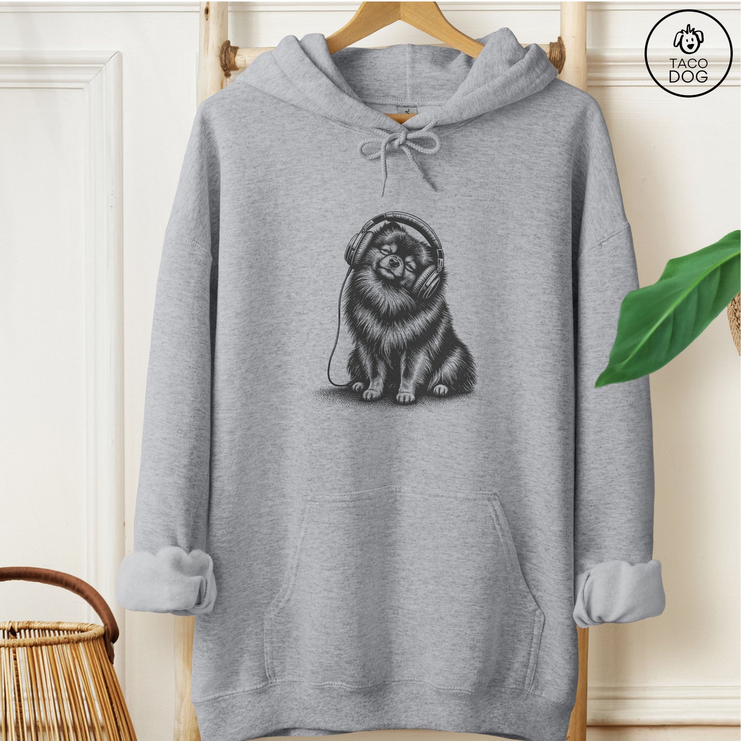 Pomeranian Headphones Hoodie Graphite Heather Taco-Dog