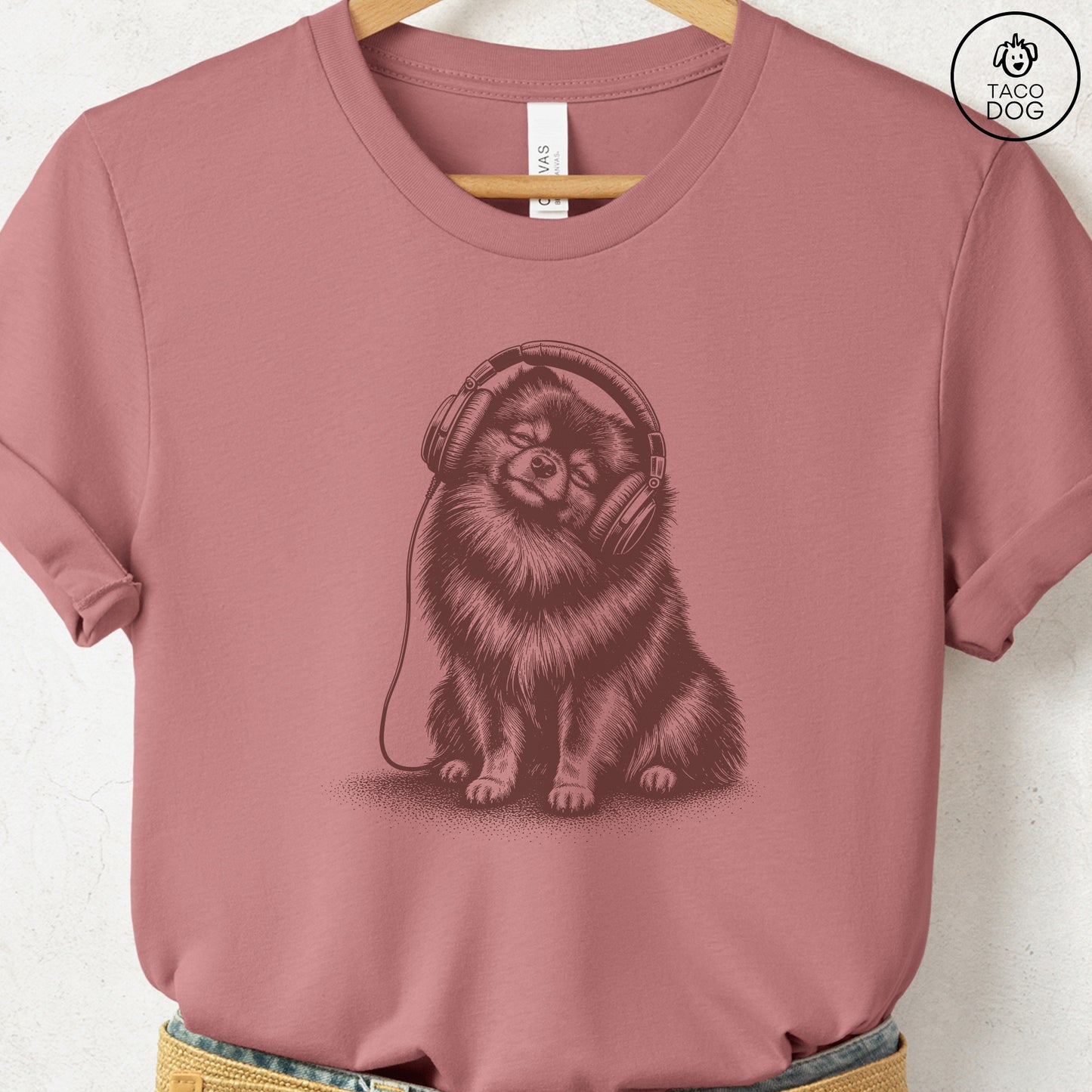 Pomeranian Headphones T-Shirt Heather Mauve Taco-Dog