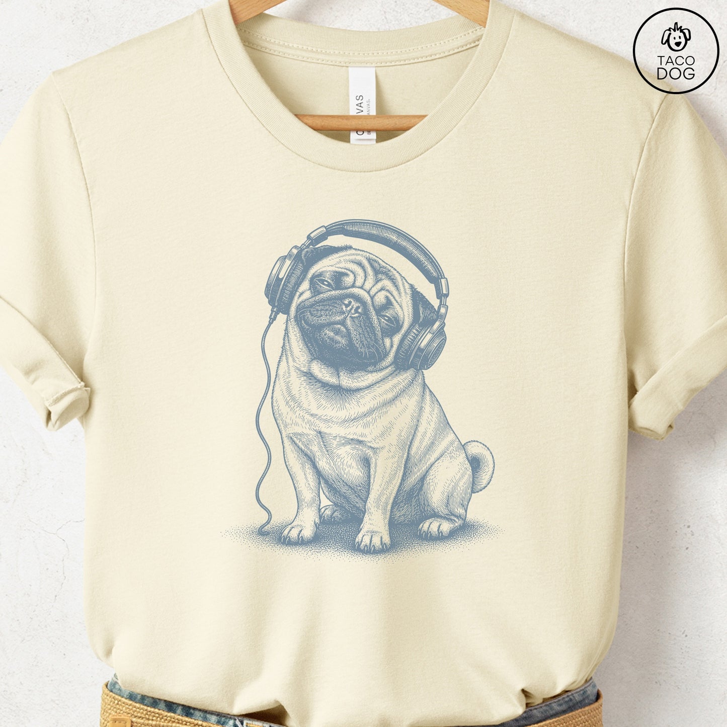 Pug Headphones T-Shirt Natural Taco-Dog