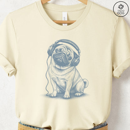 Pug Headphones T-Shirt Natural Taco-Dog