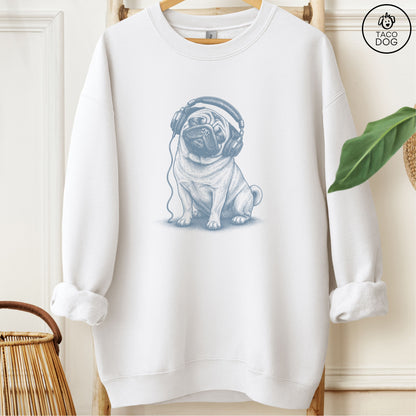Pug Headphones Sweatshirt White Taco-Dog