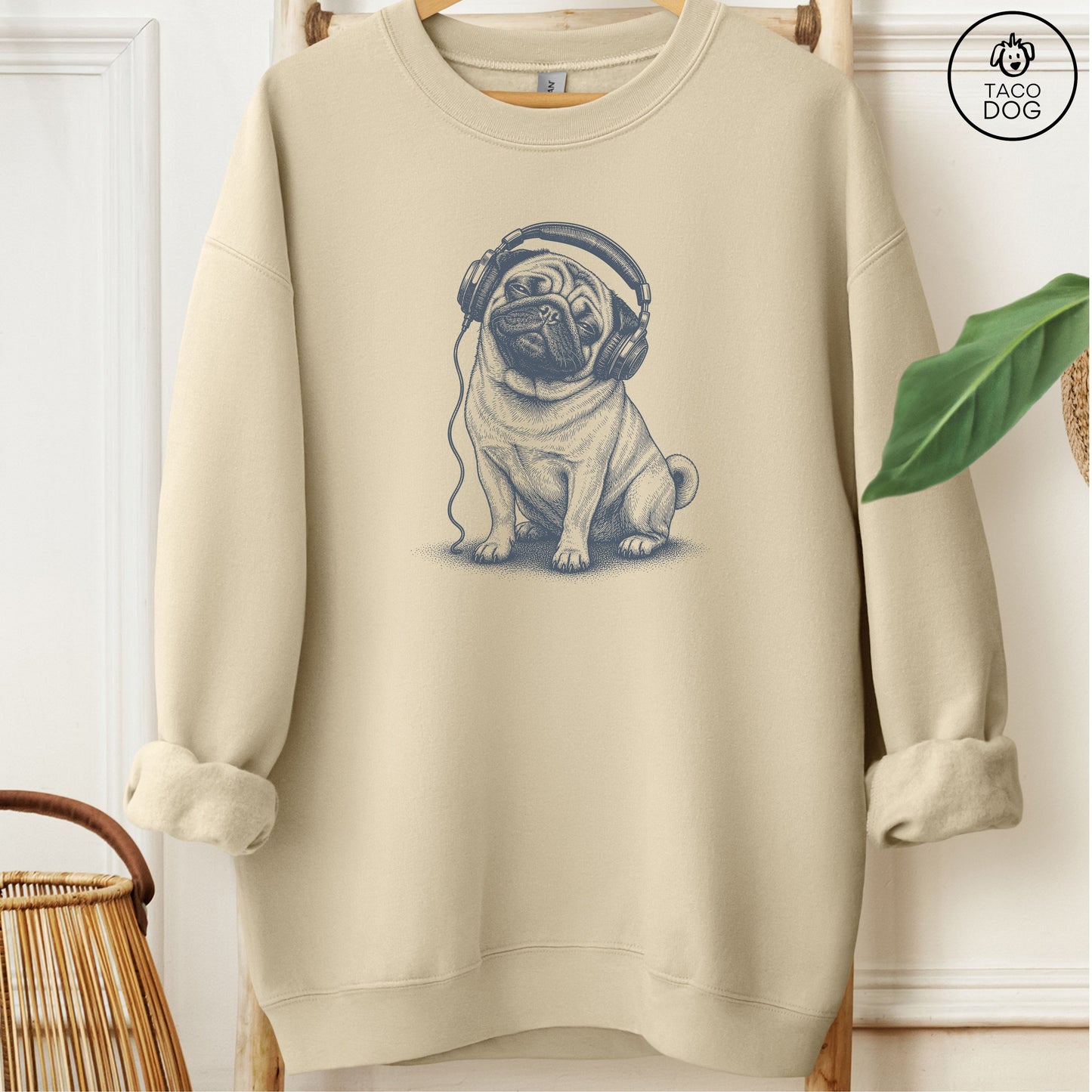 Pug Headphones Sweatshirt Sand Taco-Dog