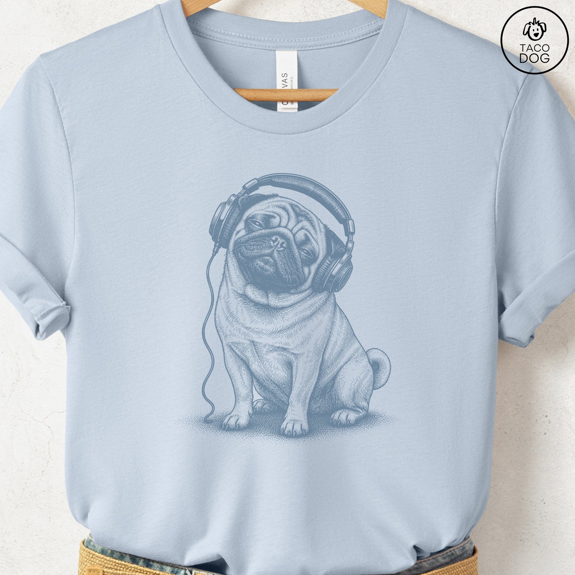 Pug Headphones T-Shirt Light Blue Taco-Dog