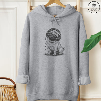 Pug Headphones Hoodie Graphite Heather Taco-Dog
