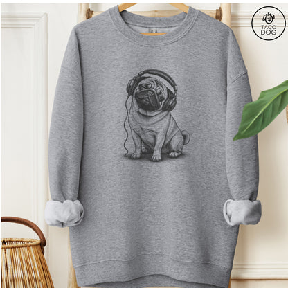Pug Headphones Sweatshirt Graphite Heather Taco-Dog