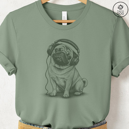 Pug Headphones T-Shirt Sage Taco-Dog