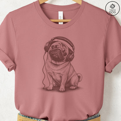 Pug Headphones T-Shirt Heather Mauve Taco-Dog