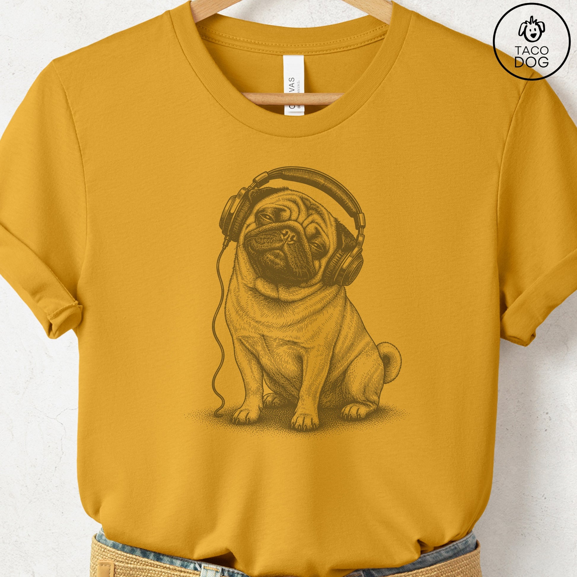 Pug Headphones T-Shirt Mustard Taco-Dog