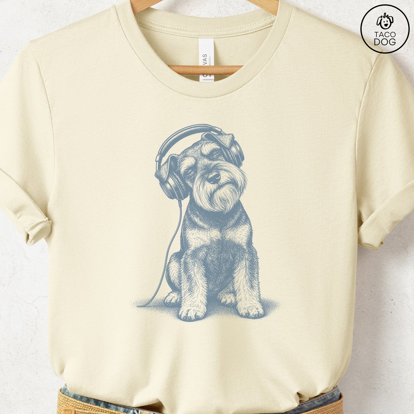 Schnauzer Headphones T-Shirt Natural Taco-Dog