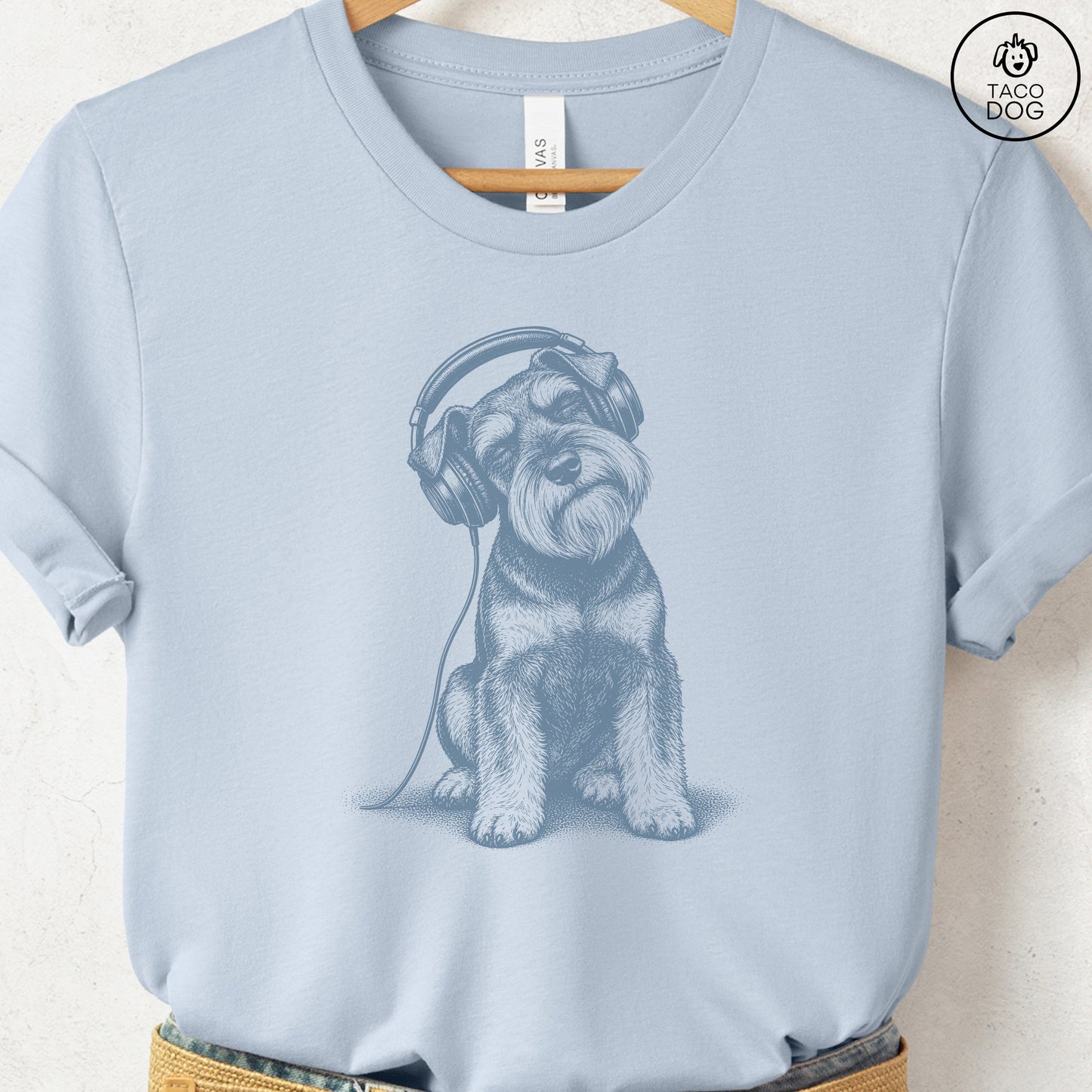 Schnauzer Headphones T-Shirt Light Blue Taco-Dog