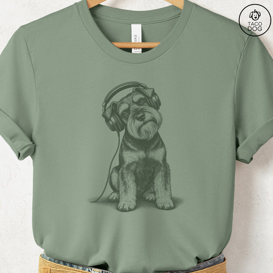 Schnauzer Headphones T-Shirt Sage Taco-Dog