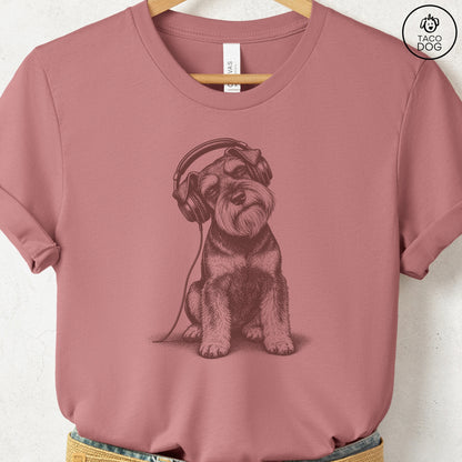 Schnauzer Headphones T-Shirt Heather Mauve Taco-Dog