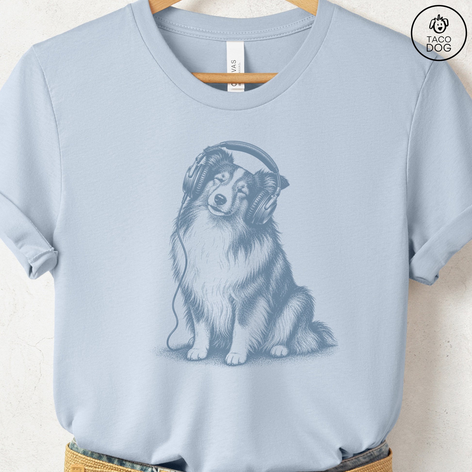 Shetland Sheepdog Headphones T-Shirt Light Blue Taco-Dog