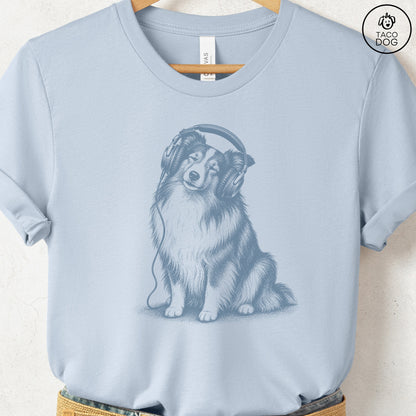 Shetland Sheepdog Headphones T-Shirt Light Blue Taco-Dog