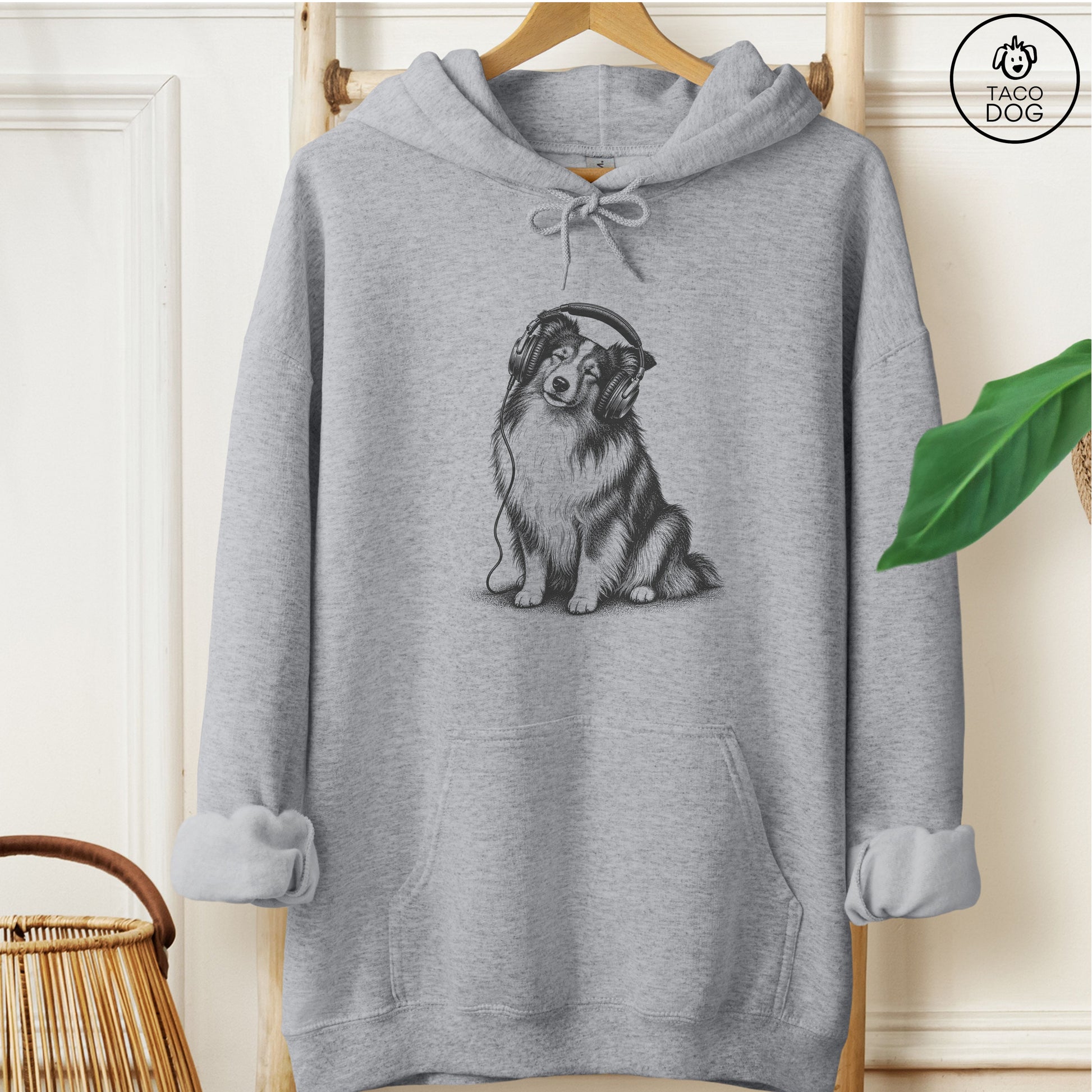 Shetland Sheepdog Headphones Hoodie Graphite Heather Taco-Dog