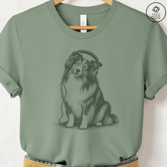 Shetland Sheepdog Headphones T-Shirt Sage Taco-Dog