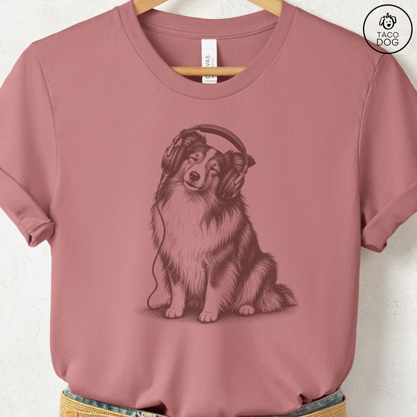 Shetland Sheepdog Headphones T-Shirt Heather Mauve Taco-Dog