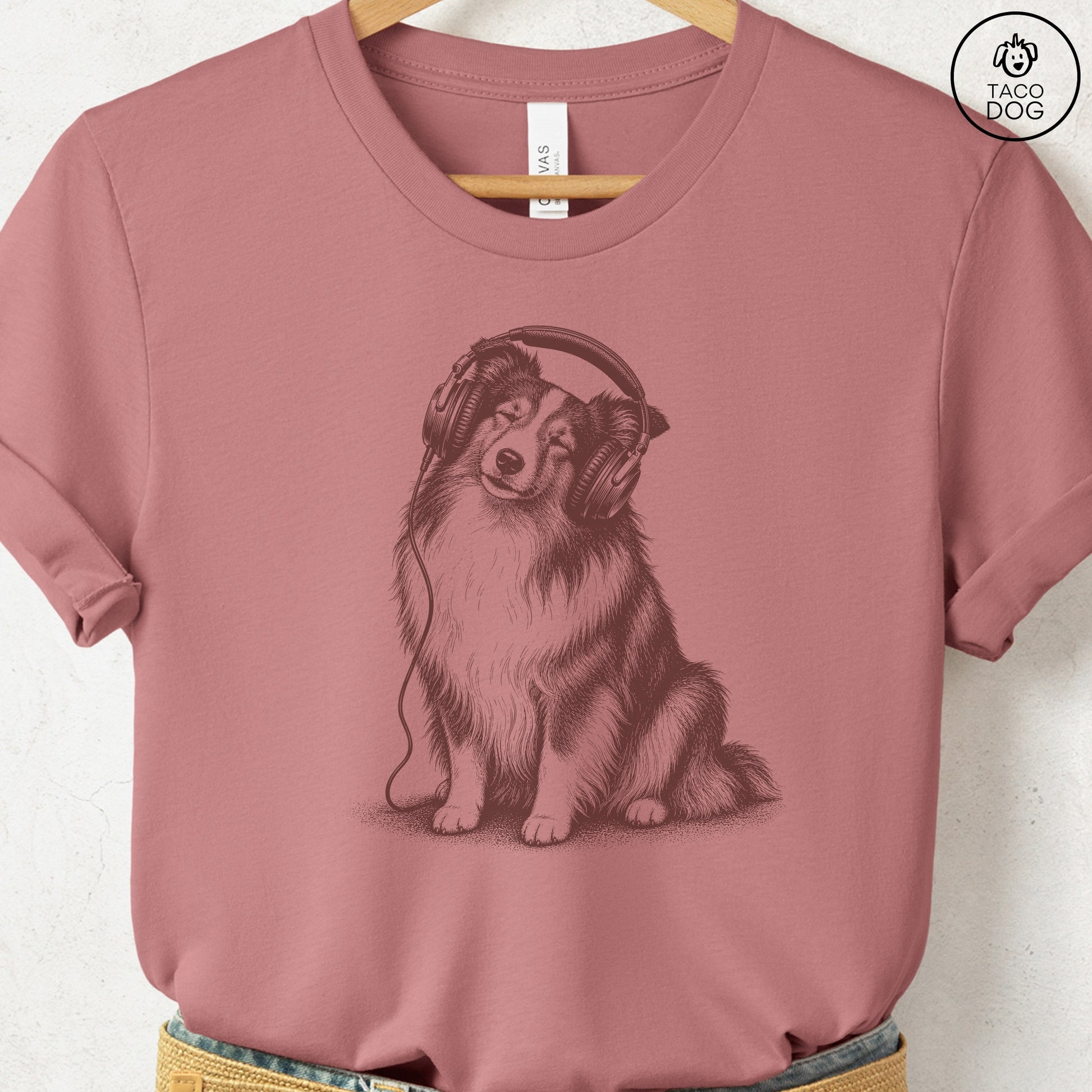 Shetland Sheepdog Headphones T-Shirt Heather Mauve Taco-Dog