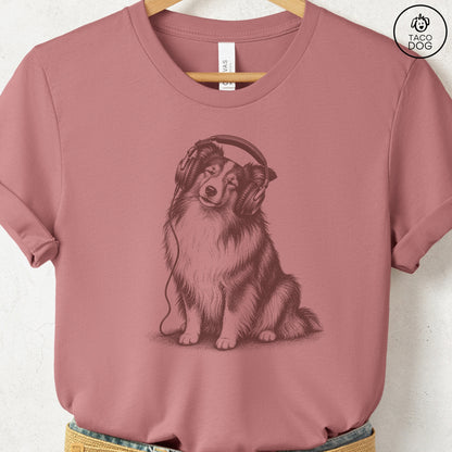 Shetland Sheepdog Headphones T-Shirt Heather Mauve Taco-Dog