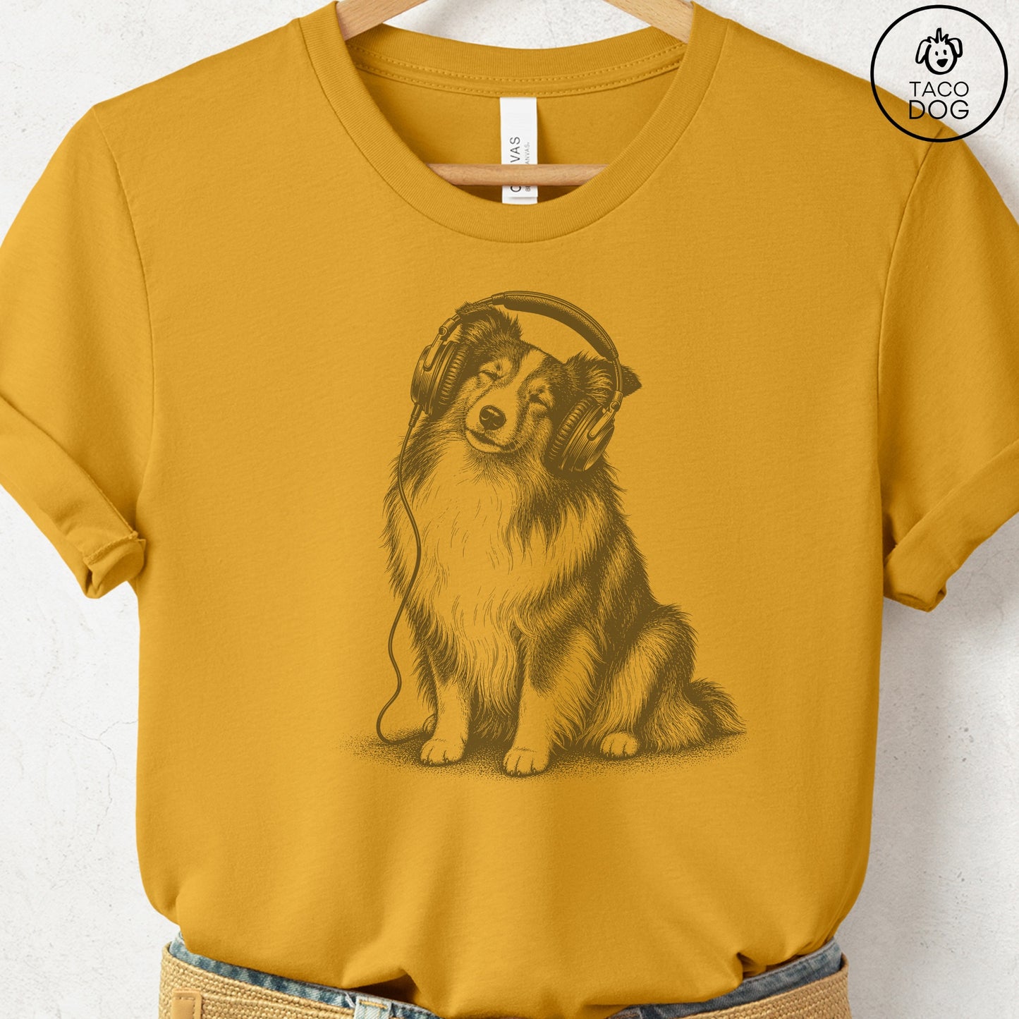 Shetland Sheepdog Headphones T-Shirt Mustard Taco-Dog