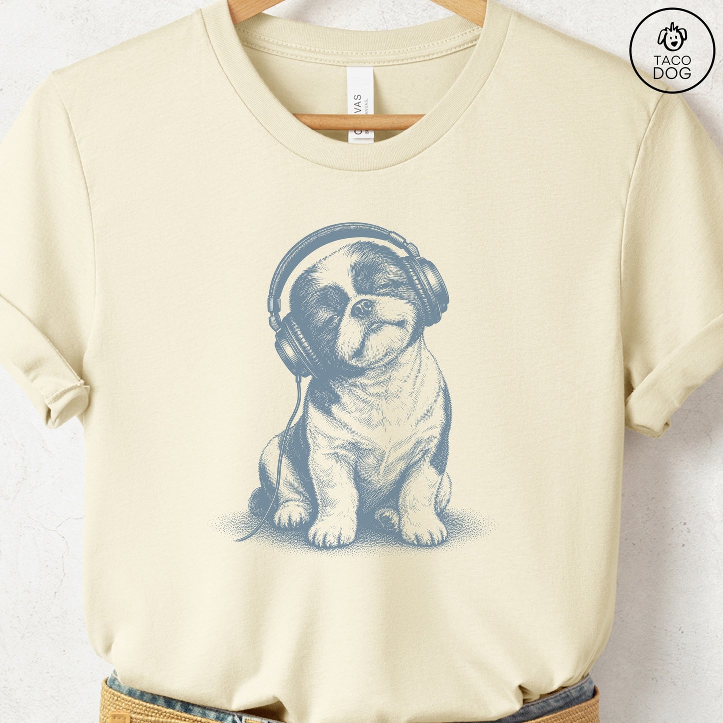 Shih Tzu Headphones T-Shirt Natural Taco-Dog