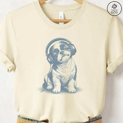 Shih Tzu Headphones T-Shirt Natural Taco-Dog