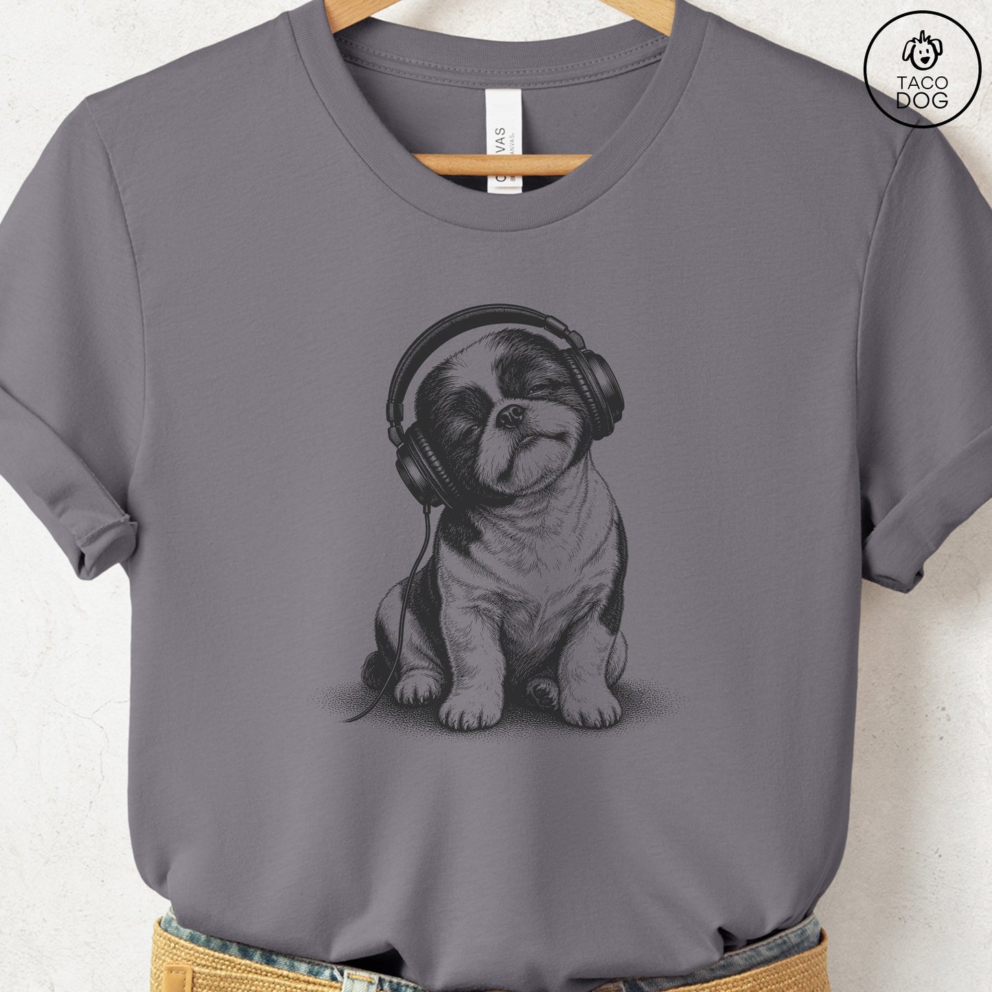 Shih Tzu Headphones T-Shirt Storm Taco-Dog