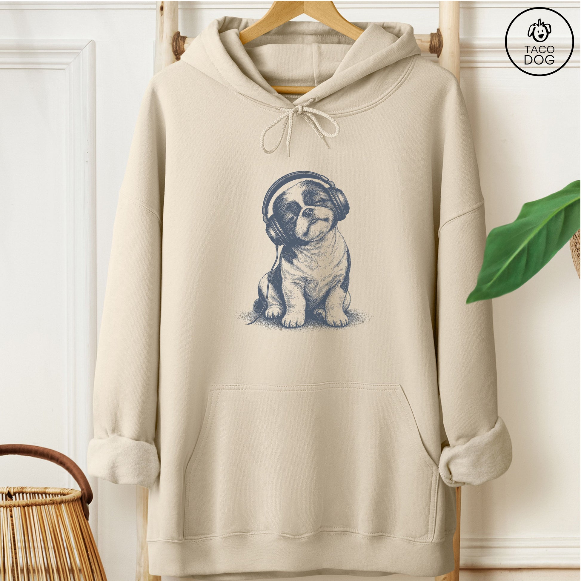 Shih Tzu Headphones Hoodie Sand Taco-Dog