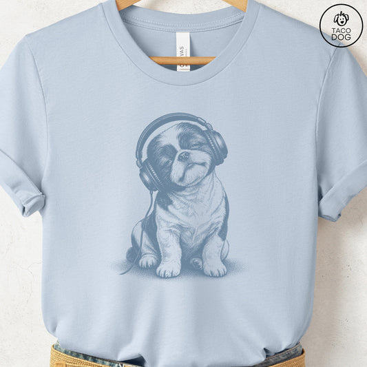 Shih Tzu Headphones T-Shirt Light Blue Taco-Dog