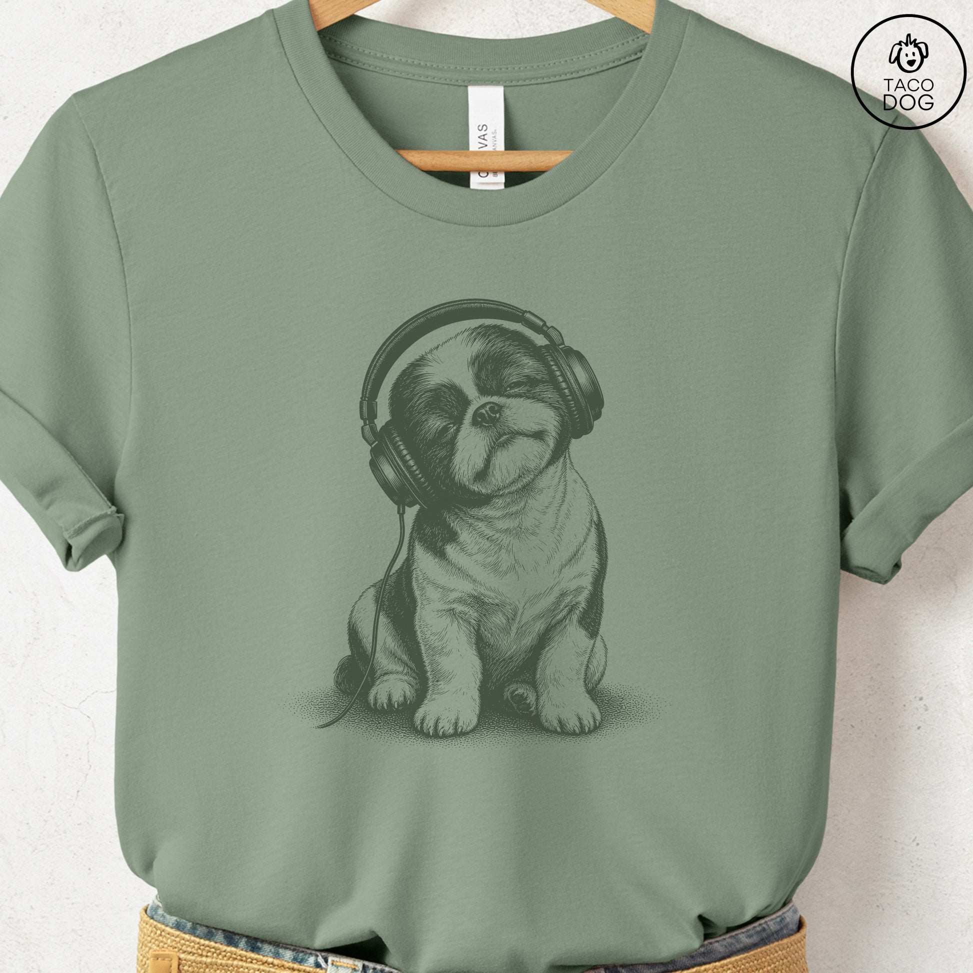 Shih Tzu Headphones T-Shirt Sage Taco-Dog