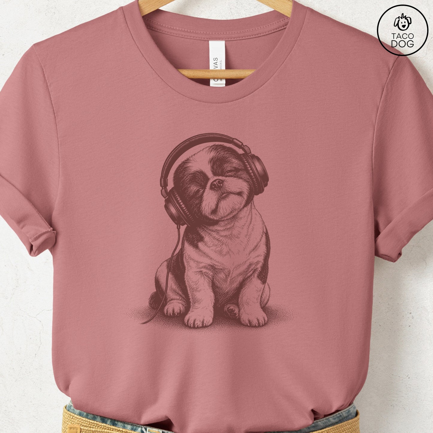 Shih Tzu Headphones T-Shirt Heather Mauve Taco-Dog