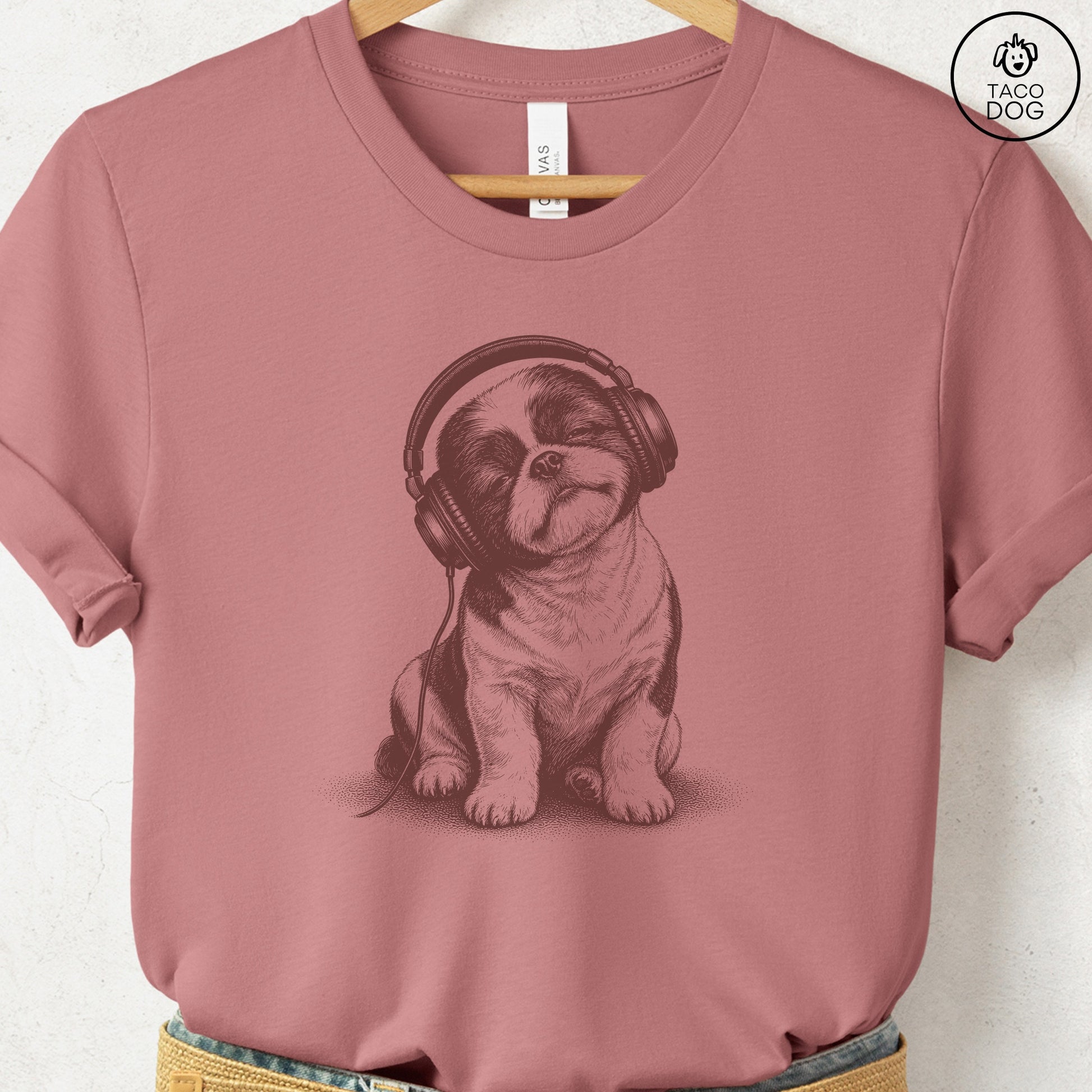 Shih Tzu Headphones T-Shirt Heather Mauve Taco-Dog