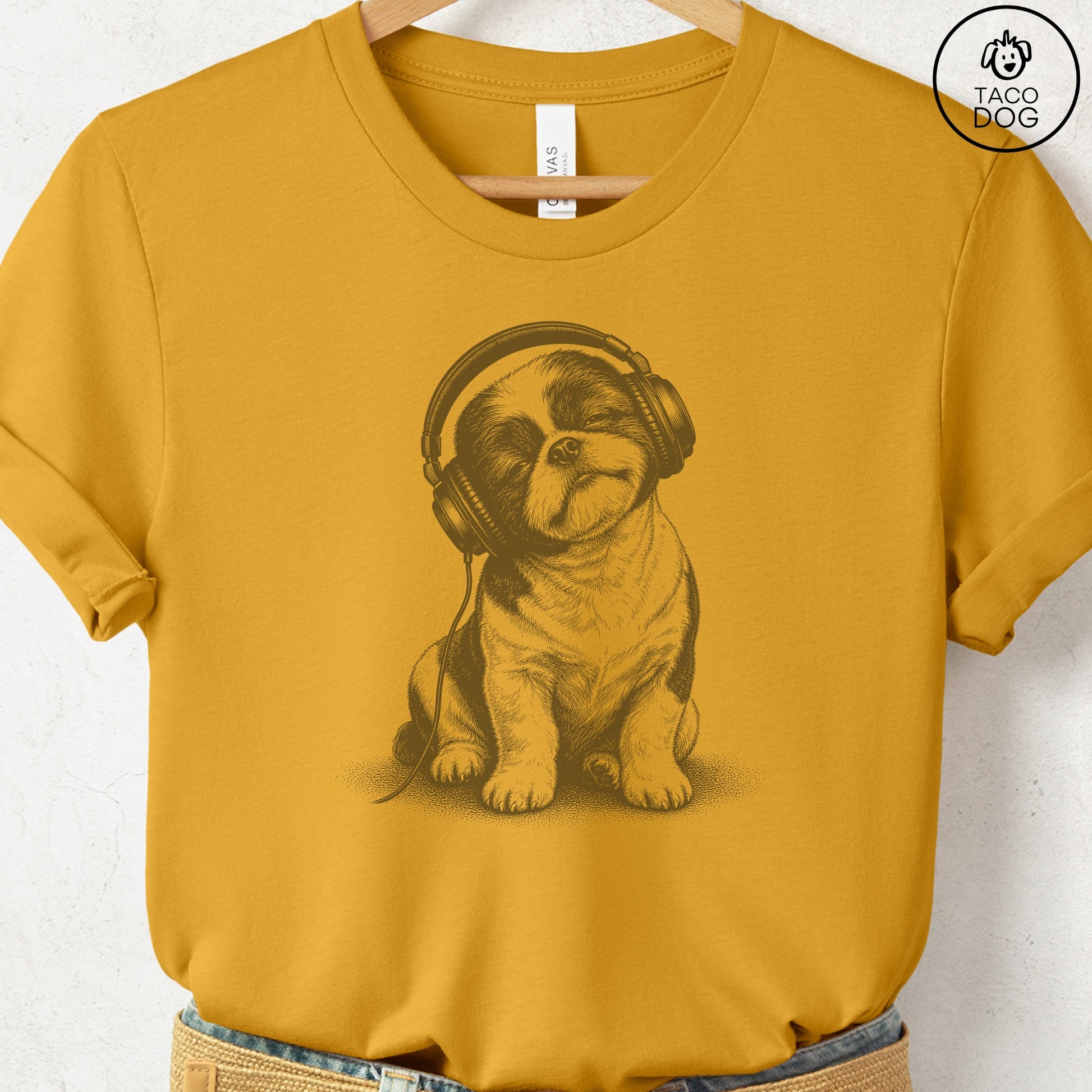 Shih Tzu Headphones T-Shirt Mustard Taco-Dog