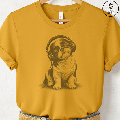 Shih Tzu Headphones T-Shirt Mustard Taco-Dog