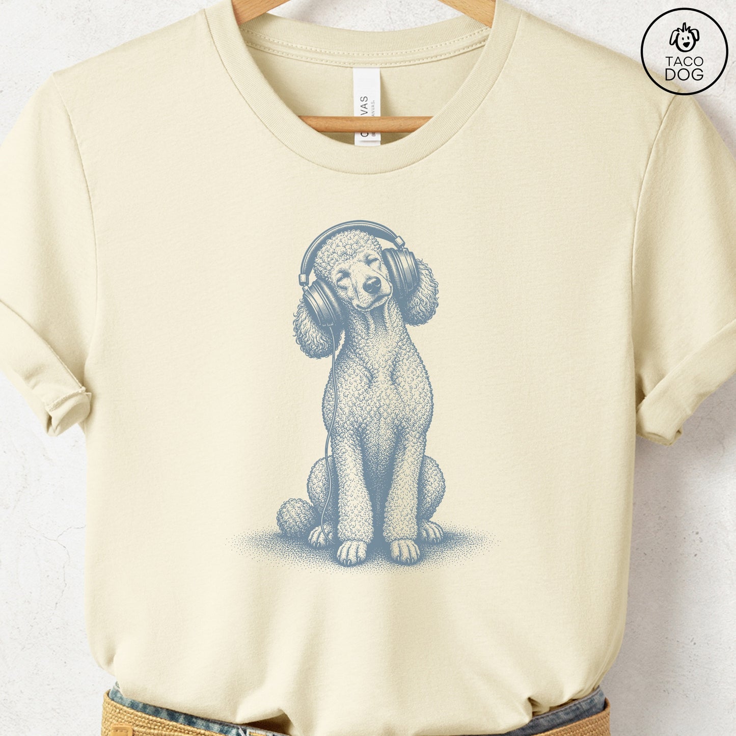 Poodle Headphones T-Shirt Natural Taco-Dog