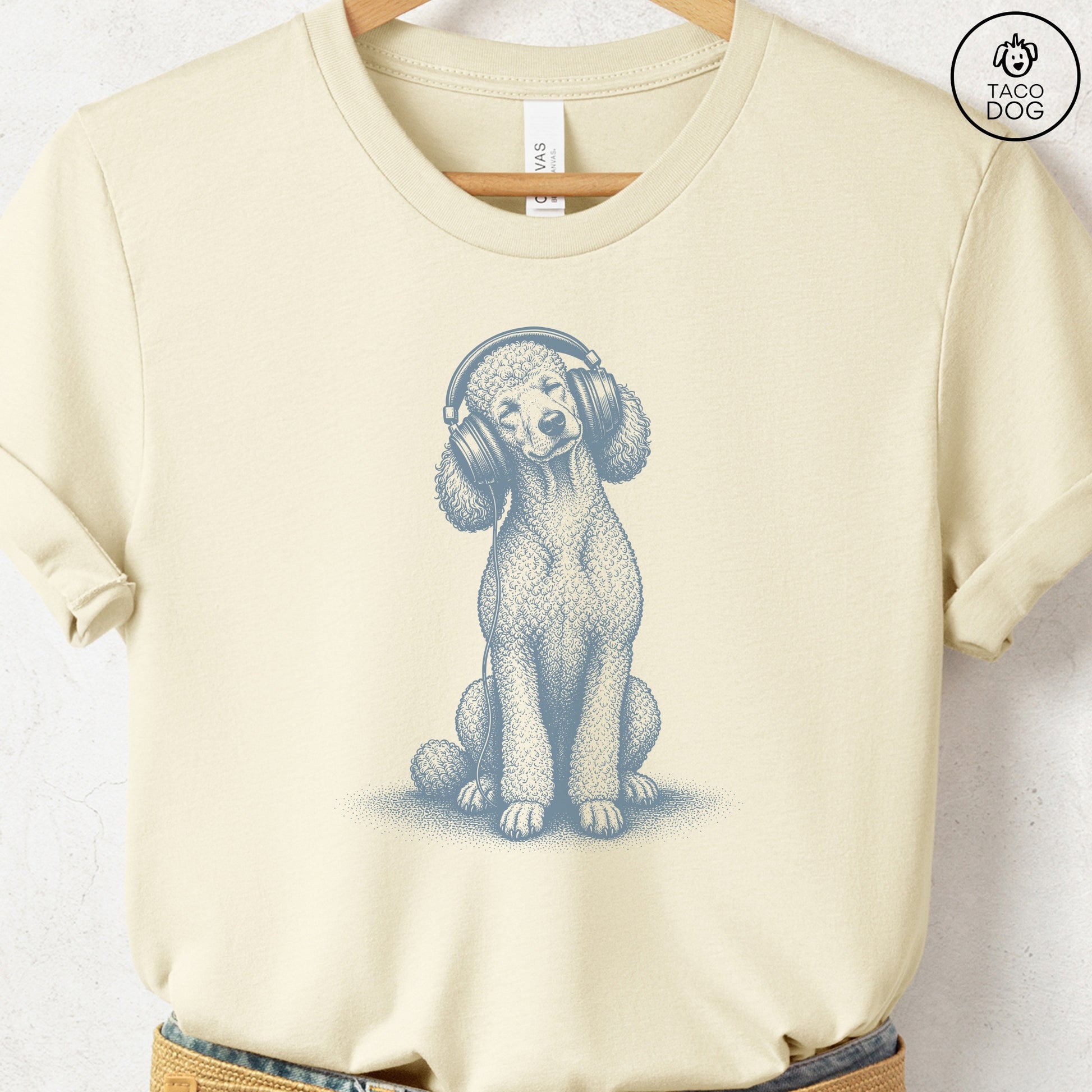 Poodle Headphones T-Shirt Natural Taco-Dog