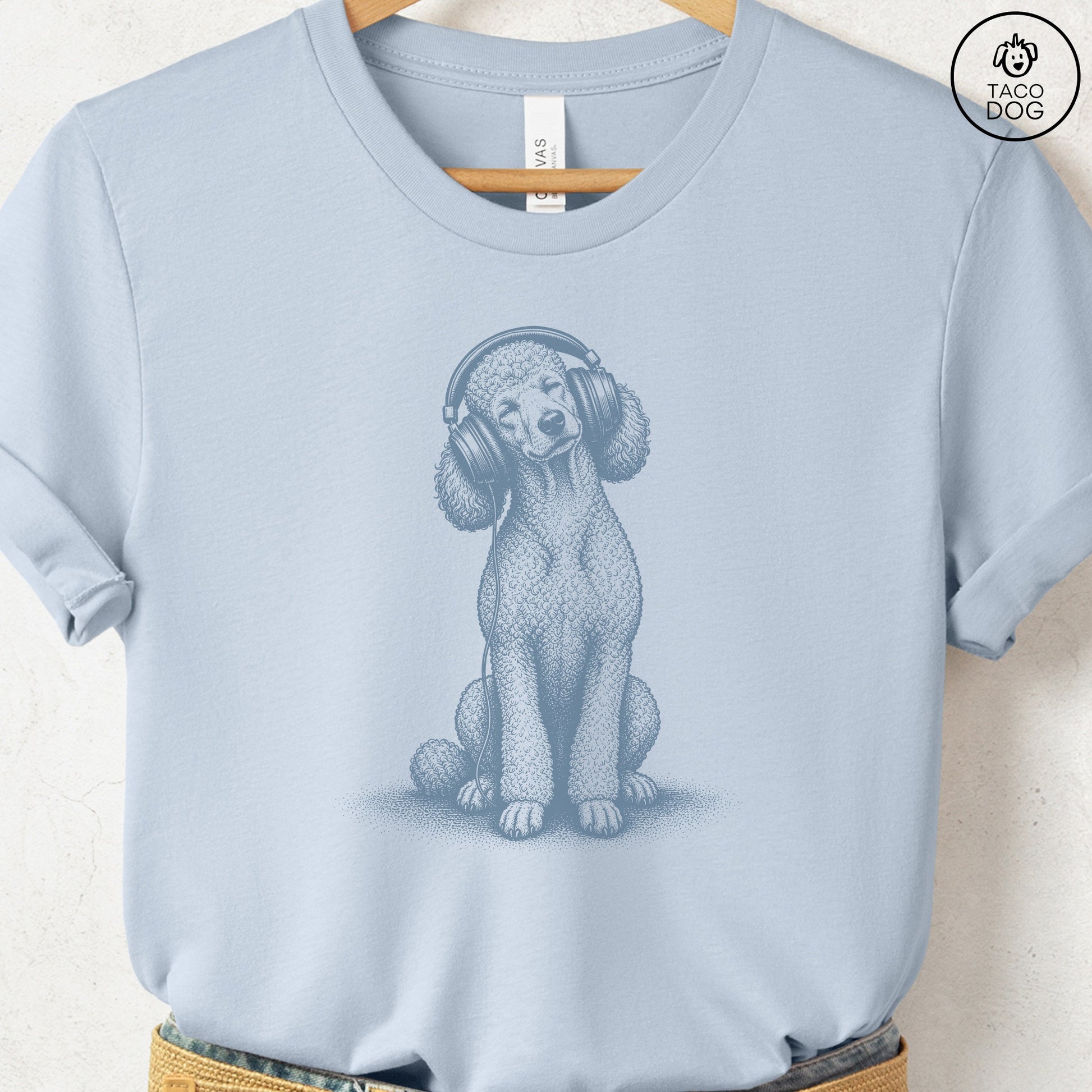 Poodle Headphones T-Shirt Light Blue Taco-Dog